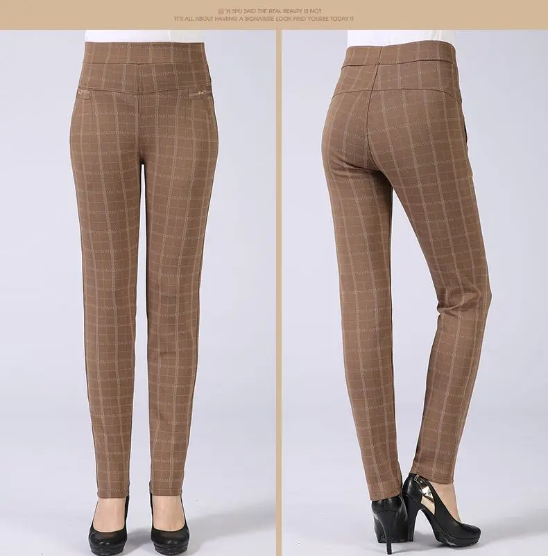 Spring Autumn Woman Casual Pant Navy Blue Black Khaki Gray Trousers Middle Aged Women Plaid Pattern Pants High Waist Trousers Mother Bottoms (6)