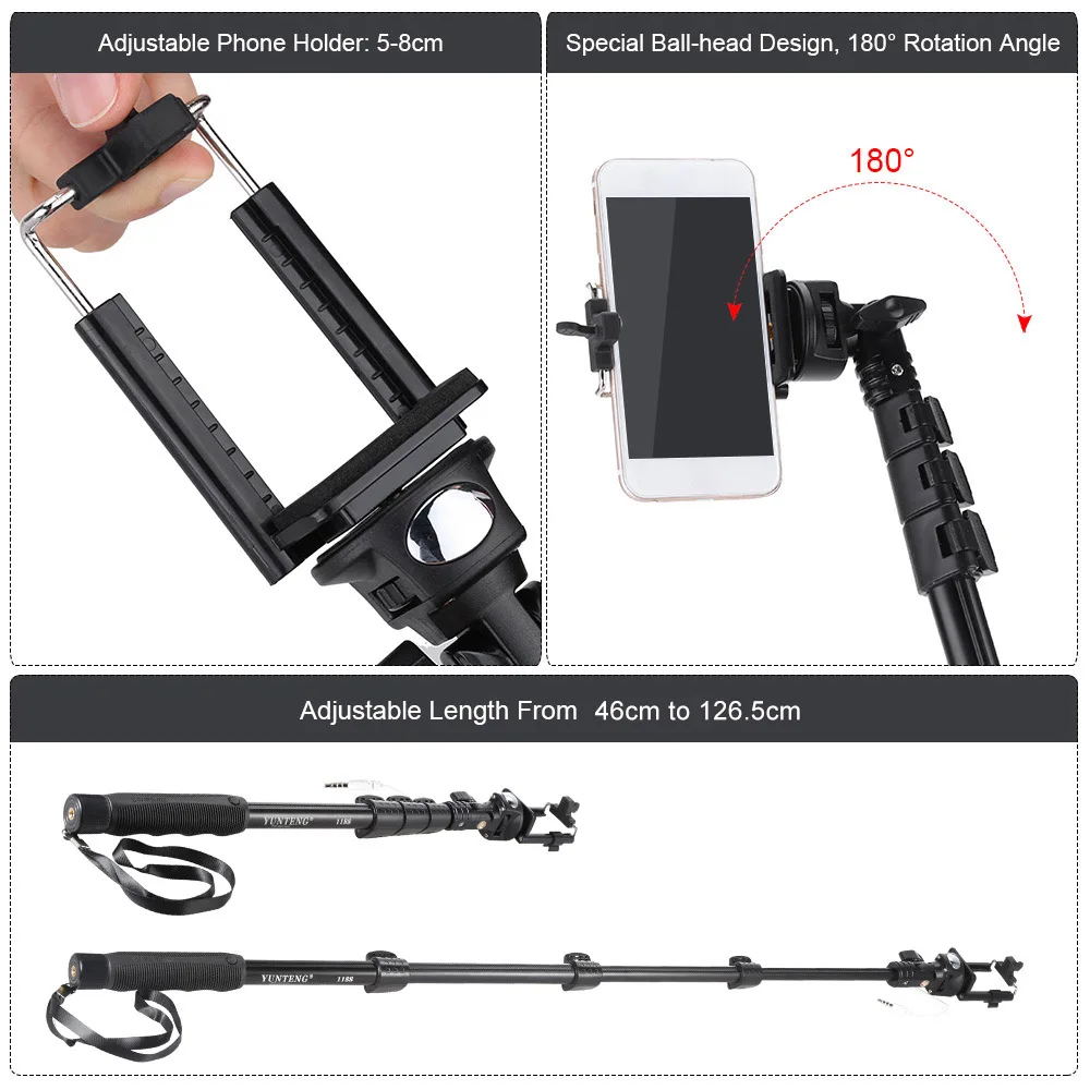 YUNTENG YT 1188 селфи палка монопод Автопортрет камера стабилизация Selfiestick проводной кабель для Gopro/xiaomi для смартфонов купить на AliExpress
