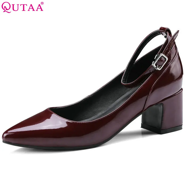QUTAA 2018 Women Pumps Genuine Patent Leather Square Med Heel Shoes Pointed Toe Buckle Black Ladies Casual Shoes Size 34-39 QUTAA 2018 Women Pumps Genuine Patent Leather Square Med Heel Shoes Pointed Toe Buckle Black Ladies Casual Shoes Size 34-39