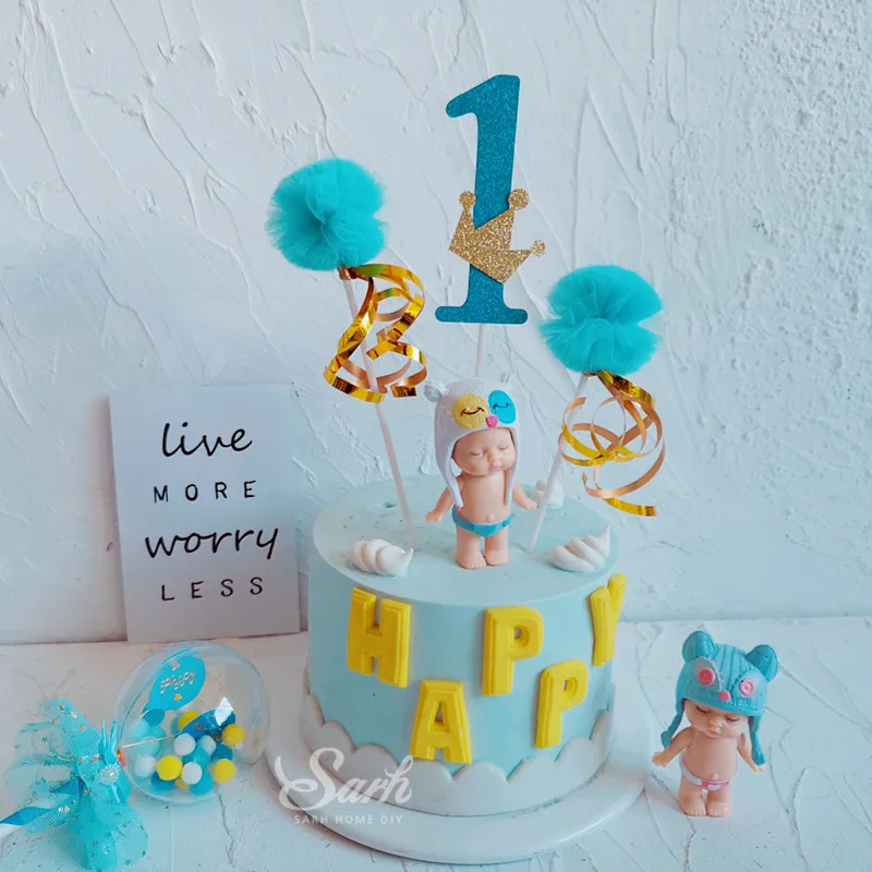 

Pink Blue Yarn ball Crown Number "1" Acrylic Heart Cake Topper Dessert Decoration for Birthday Party Lovely Gifts