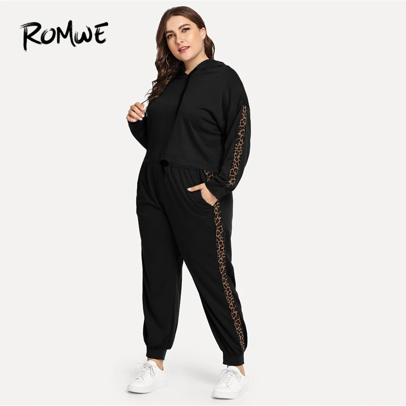 Romwe, спортивный костюм размера плюс, черный, с леопардовым принтом, с капюшоном, спортивный костюм для женщин, для тренировок, бега, набор,, осенняя одежда для тренажерного зала, фитнеса, тренировок