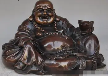 

S00718 11"Chinese Bronze Wealth YuanBao Happy Laugh Maitreya Buddha Money Bag Statue