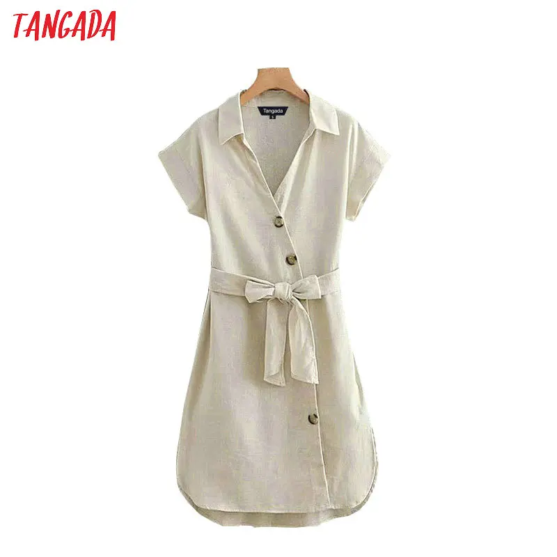 

Tangada summer elegant sexy side open loose women dress sashes short sleeve button dresses formal fashion vestido mujer OZ72
