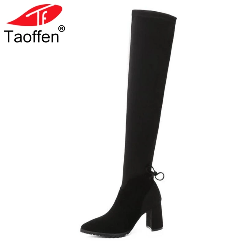 

TAOFFEN Ladies Over Knee Boots Real Lethear Pointed Toe Warm Woman Shoes Simple Long Botas Winter High Heel Boots Size 34-39