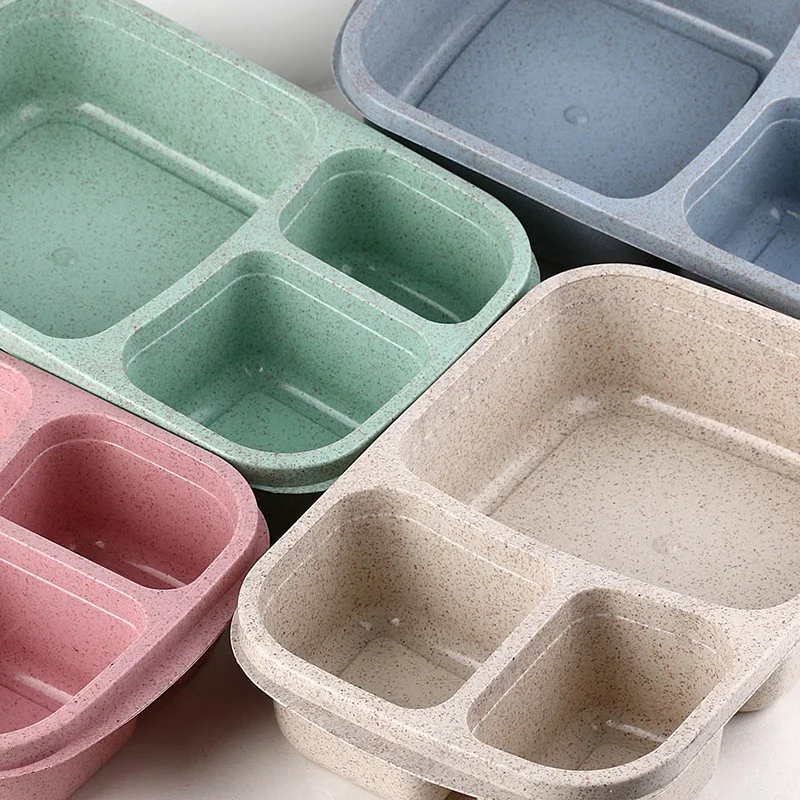 3 Compartment Plastic Bento Lunchbox Portable Kids School Lunch Boxes Wheat Straw Storage Food Containers for Picnic Dinnerware (8)