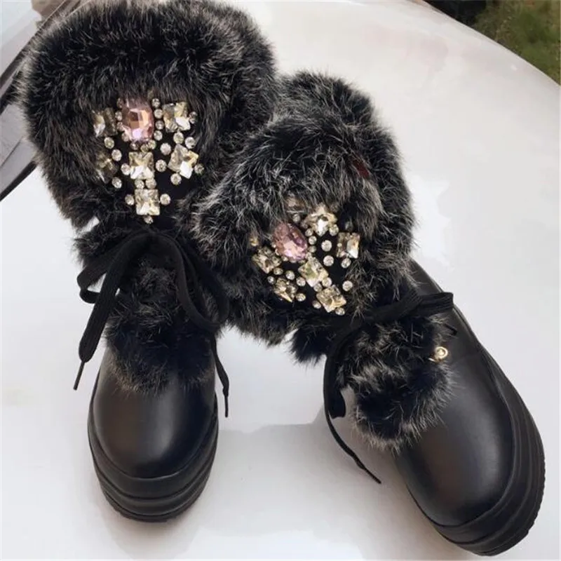 Зимние сапоги с натуральным кроличьим мехом модные зимние сапоги со стразами для девочек теплая женская обувь на толстой подошве зимние сапоги большого размера 41