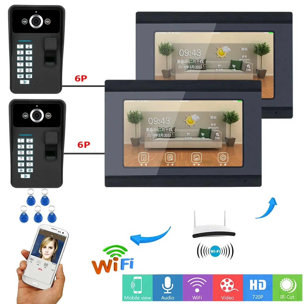 Yobang безопасности 2*7 дюймов проводной/Беспроводной Wi-Fi отпечатков пальцев RFID пароль видео дверь домофон запись Системы с 2 Cam