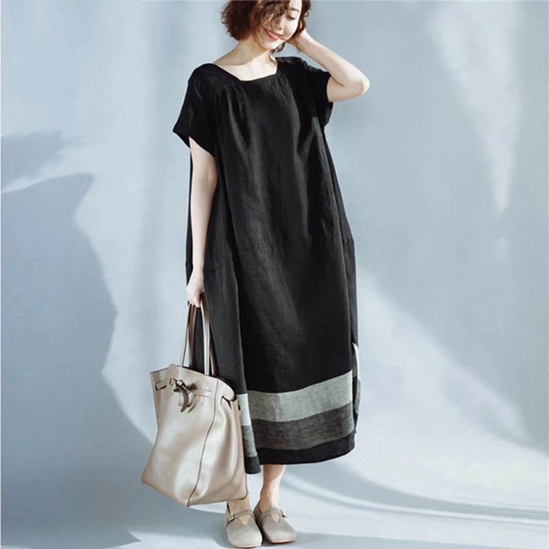 

Bigsweety Plus Size Cotton Linen Vintage Dress Summer Casual Loose Beach Dress Women's Clothing Literary Color Block Long Dress