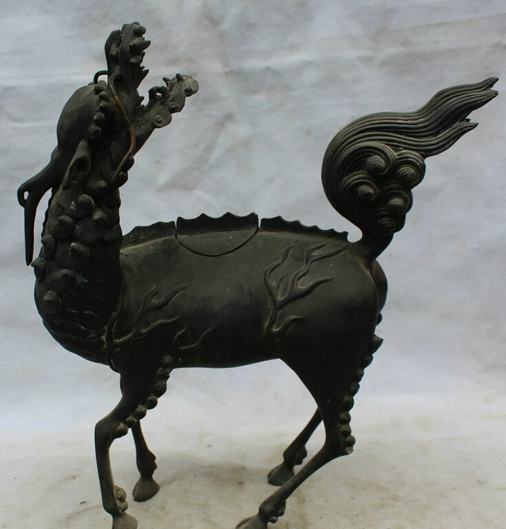 

150610 S1476 14" Chinese Bronze Feng Shui Folk Unicorn Beast Statue Incense Burner Censer