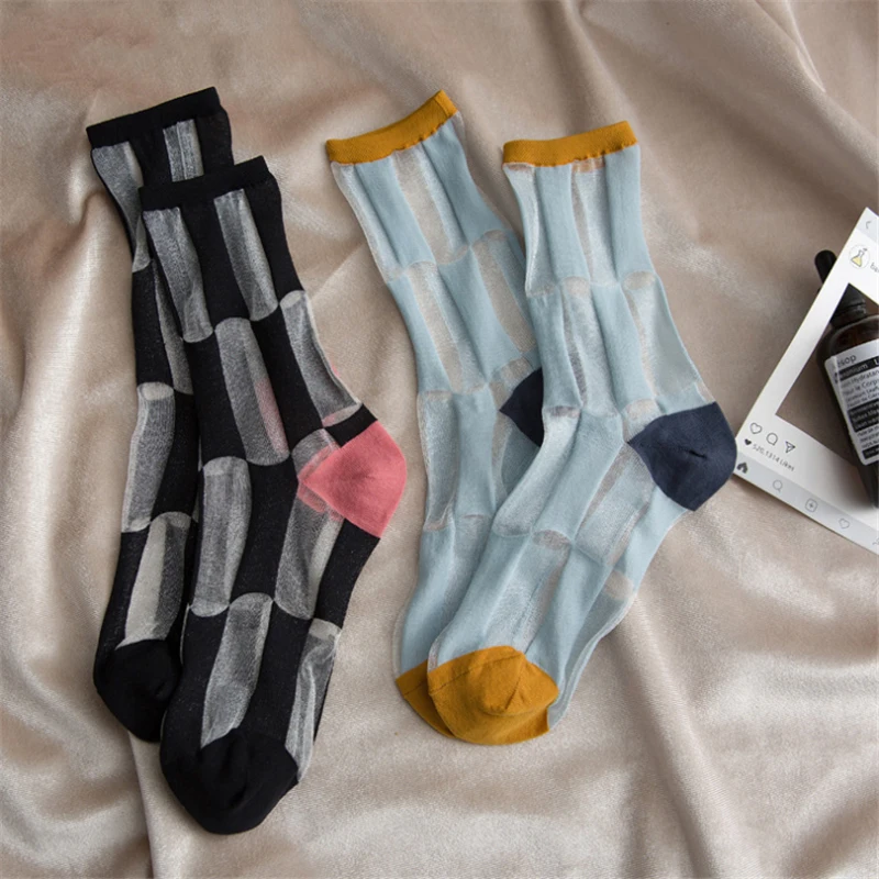 Moda sockmark женские носки лоскутные клетчатые серии прозрачные сетчатые шелковые