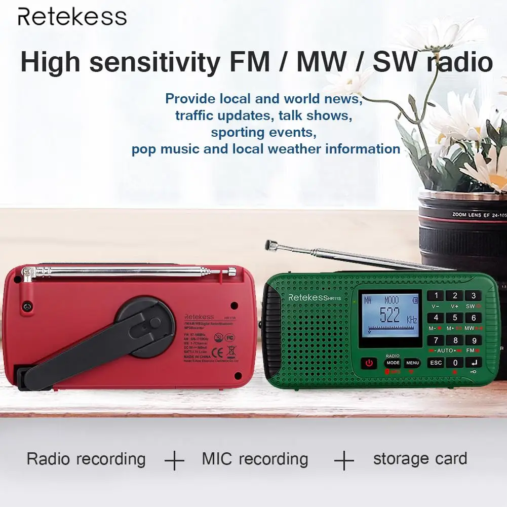 

Retekess HR11S Emergency Radio Hand Crank Solar Radio FM/MW/SW Bluetooth MP3 Player Digital Recorder Portable