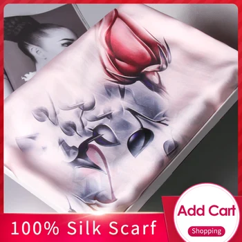 

Women 100% Real Silk Scarf Luxury Flower Print Silk Shawls Wraps For Ladies Thin Long Natural Silk Scarves Foulard Femme