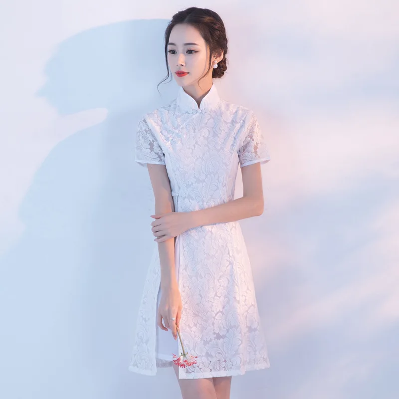 

Spring AO Dai Mini Cheongsam Vintage Chinese style Dress Fashion Womens Lace short Qipao Slim Party Dresses Button Vestido S-XXL