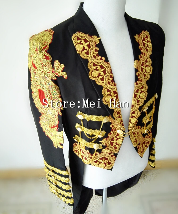

Men Plus size black Tuxedo long slim jacket Magic garbage royal marriage male singer performance laciness tuxedo formal dress