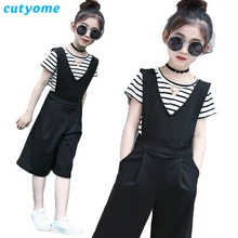 Cutyome/Детские комбинезоны Широкие штаны для девочек-подростков г., летний однотонный черный брючный костюм с бретельками для девочек, свободные подтяжки для брюк