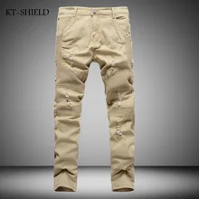 New Arrival Khaki Mens Biker Jeans Fashion Brand Designer Pleated Moto Jeans Male Light Ripped Slim Fit Straight Denim Joggers