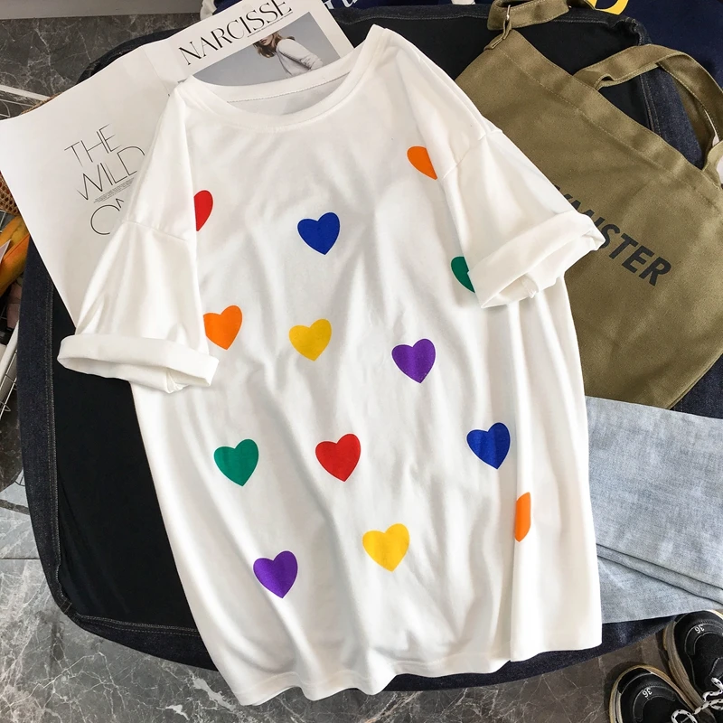 Новинка женская футболка летняя хлопковая Футболка раньше в стиле Harajuku Hearts Ulzzang