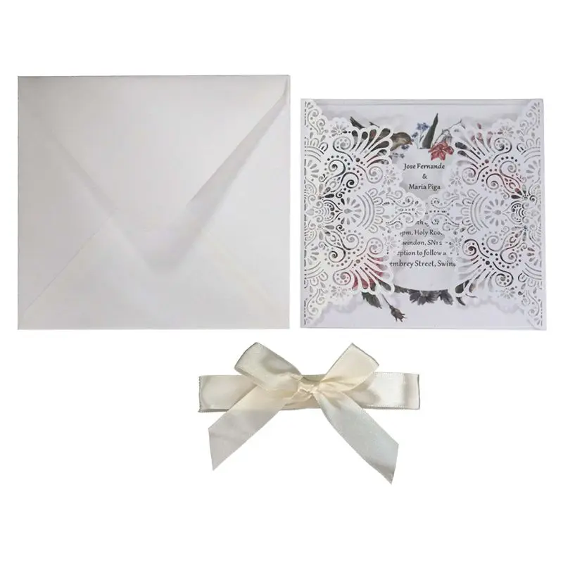  10pcs/set Laser Cut Hollow Invitations Cards Cover Kits With Bow Ribbon For Wedding Bridal Shower B - 33048878176