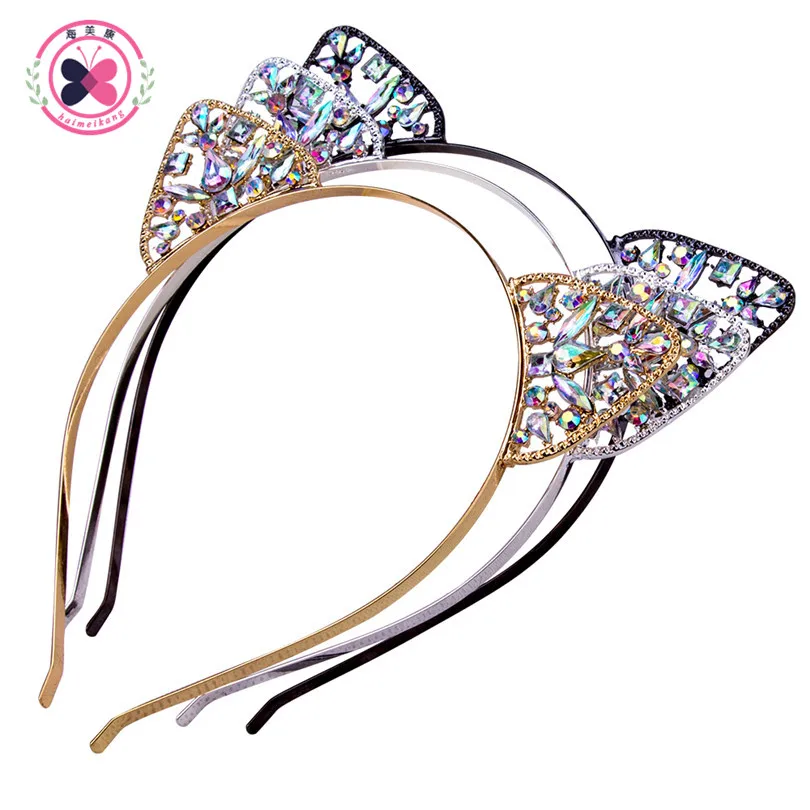 Haimeikang 3PC/Lot Female Crystal Cat Ears Hair Hoop Headband for Women