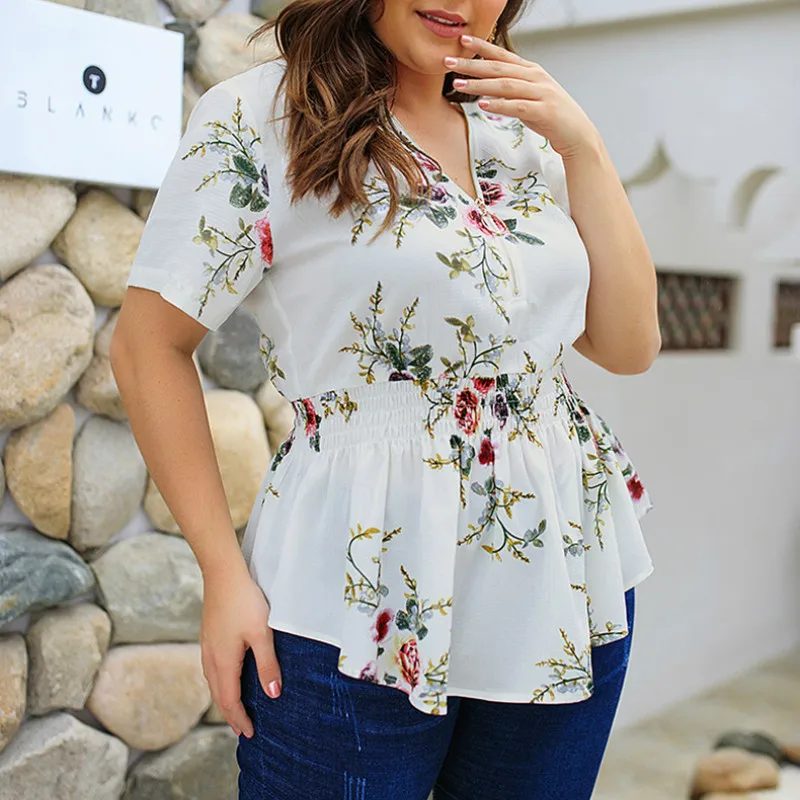 Plus Size Women Blouse Shirts Boho Sexy Printed Shirt Woman Tops 4 XL Big Size White Khaki Blusas Zippers Oversized Female A025