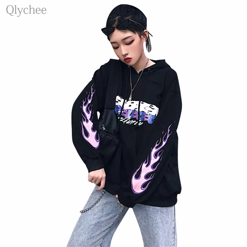 Qlychee Flame Letter Print Hooded Sweatshirt Long Sleeve