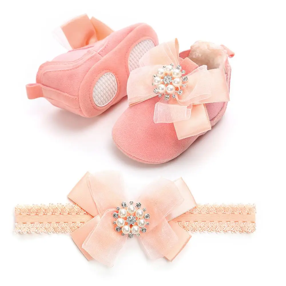 

Baby Girls Toddler Warm First Walkers Baby Thick Winter Shoes Soft Slippers Bed Shoes Baptism Princess shoes with headband Set