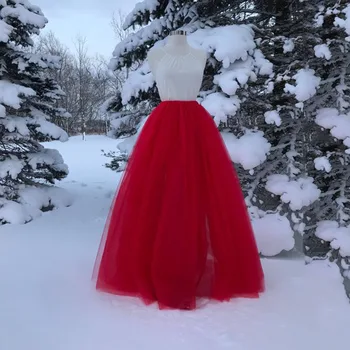 

Red Tutu Tulle Women's Skirts A-Line Side Split Floor-Length Custom Made Formal Party Prom Skirts 2019