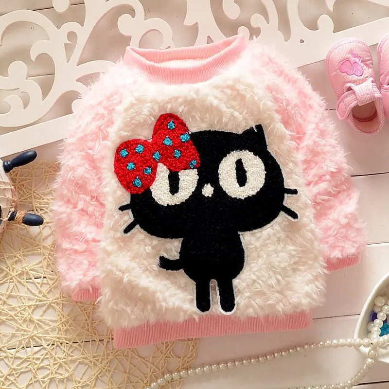 Осенне-зимний теплый флисовый бархатный трикотаж с длинными рукавами и милым рисунком кота для маленьких девочек, утепленный свитер S2125