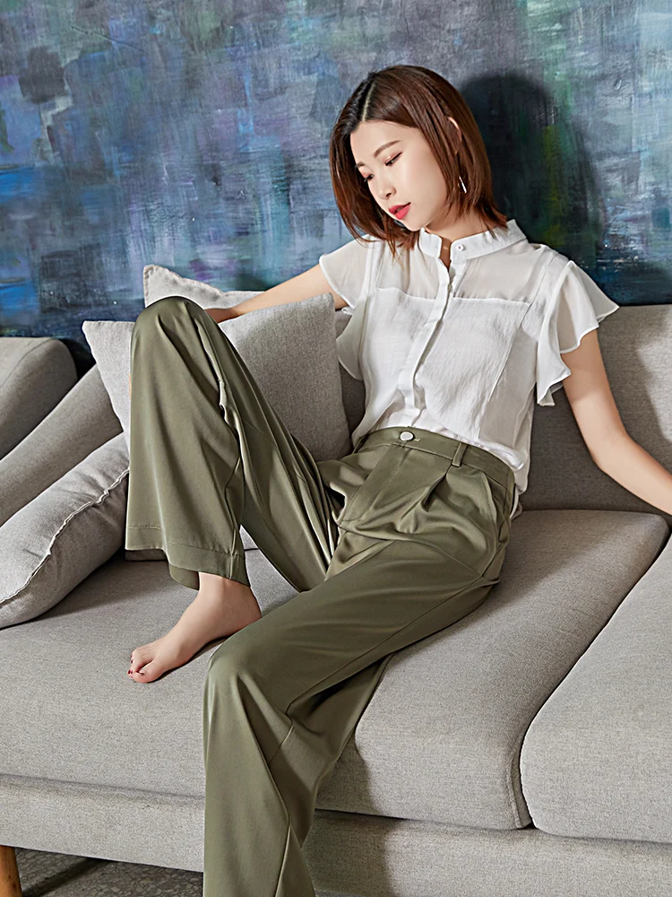 Weilai летние зеленые ацетат брюки с широкими штанинами Для женщин элегантные Высокая Талия Ложные молнии брюки корейский стиль Широкие штаны