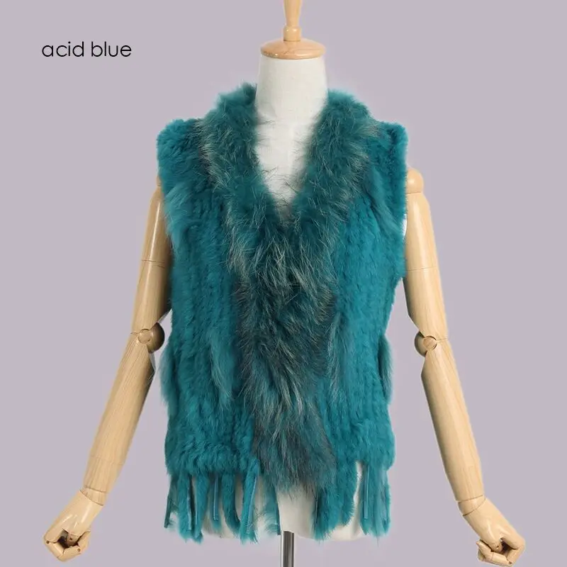 Новые цвета, женский жилет из натурального кроличьего меха, пальто с кисточками и воротником из меха енота,, Прямая поставка VR032 - Цвет: acid blue