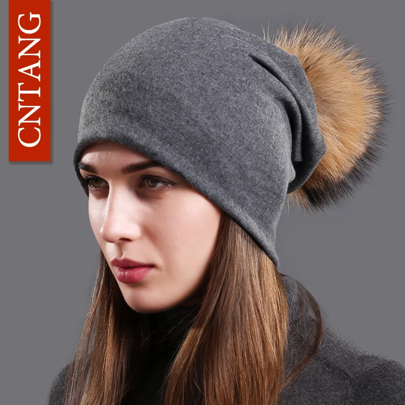 CNTANG Female Natural Raccoon Fur Pompom Hats Beanies Autumn Winter Warm Solid Caps For Women Fashion Cotton Skullies Thin Hat 4