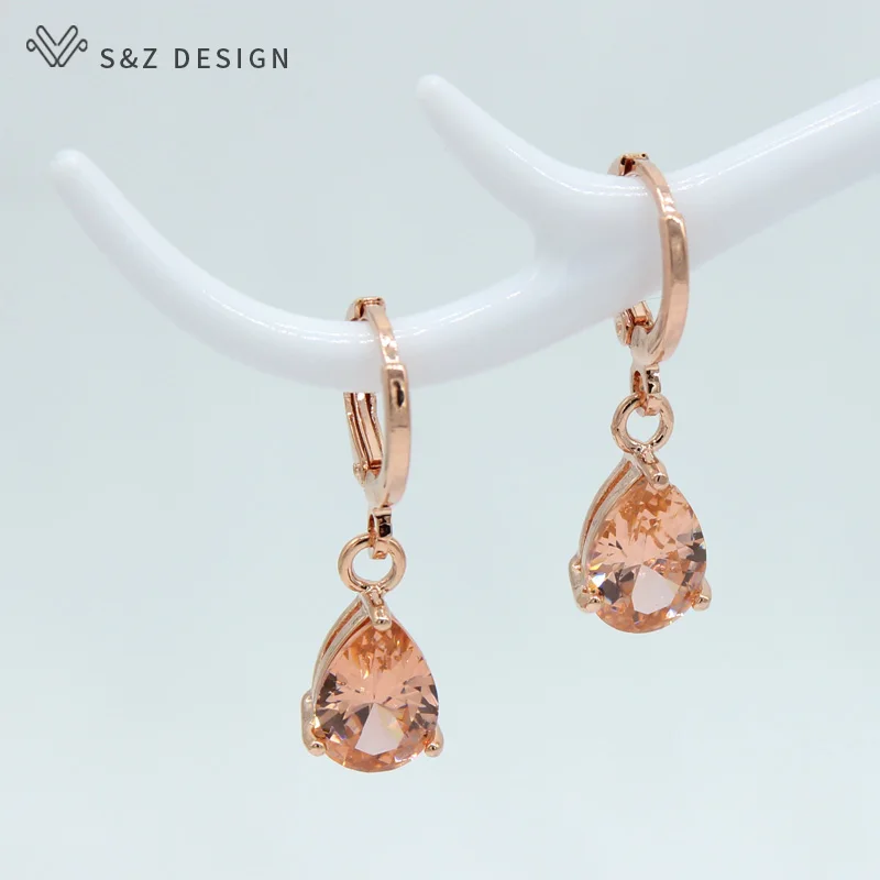 S&Z New 8 Color Zircon 585 Rose Gold Color Water Drop Earrings Korean For Women Fashion Jewelry - Окраска металла: Champagne