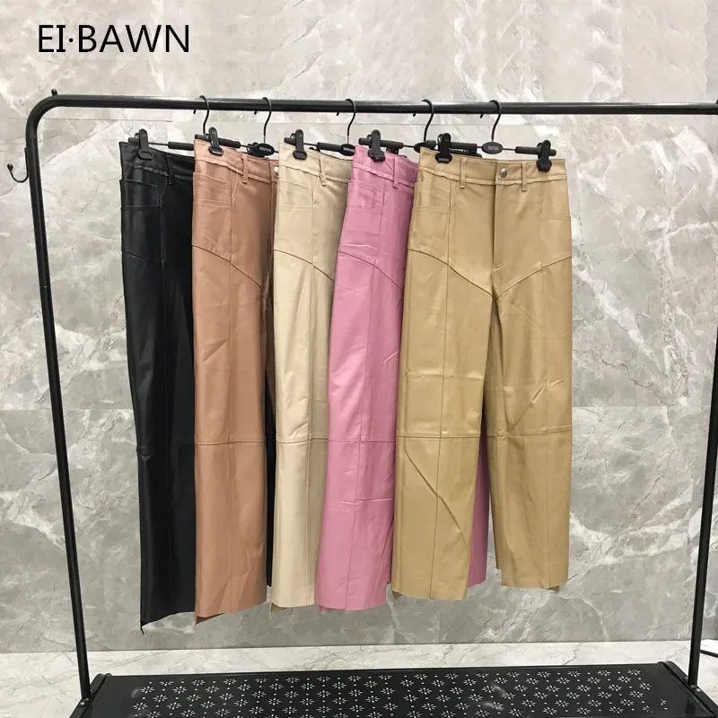 2019 Autumn  casual leather sheepskin long pants women's solid color loose high waist leather pants womens pants