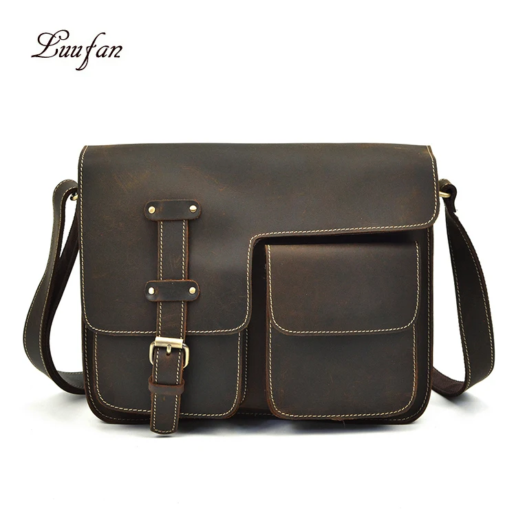 

Luufan Men Shoulder Bag School Business Office Large Capacity Crazy Horse Leather Ipad Books Durable Dark brown Small Daily