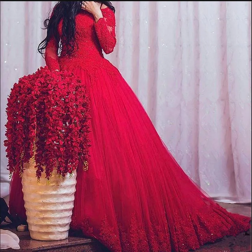 Vestido De Novia бальное платье красное кружево длинный рукав свадебное платье для мусульман аппликации бисером принцесса свадебные платья