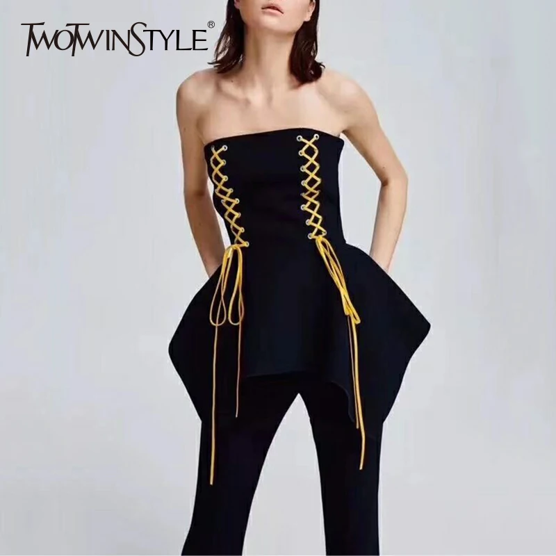 

TWOTWINSTYLE Strapless Shirt Ladies Off Shoulder Lace Up High Waist Draped Long Blouse Top 2019 Spring Summer Fashion Clothing