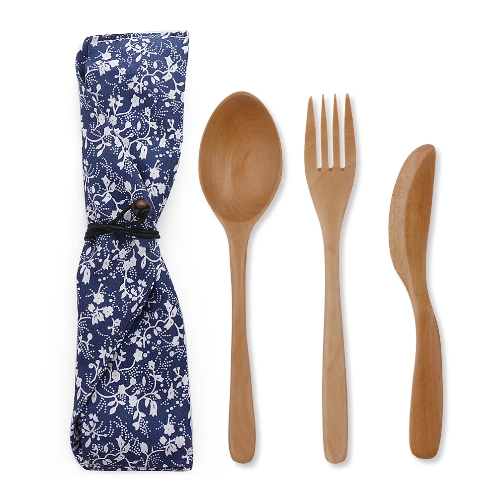 

3pcs Bamboo Wooden Fork Knife Soup Teaspoon Dinnerware Catering Cutlery Set With Cloth Bag Kitchen Cooking Tools Tableware Case