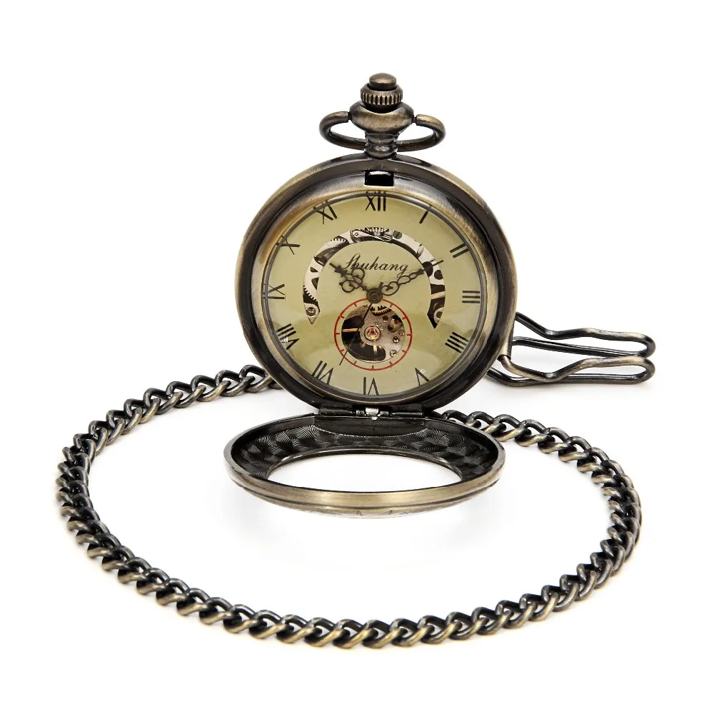 SHUHANG бренд стимпанк Механический мужские карманные часы Римский номер Half Hunter посмотрите на дешевое бронзовое тон случае Роскошные часы