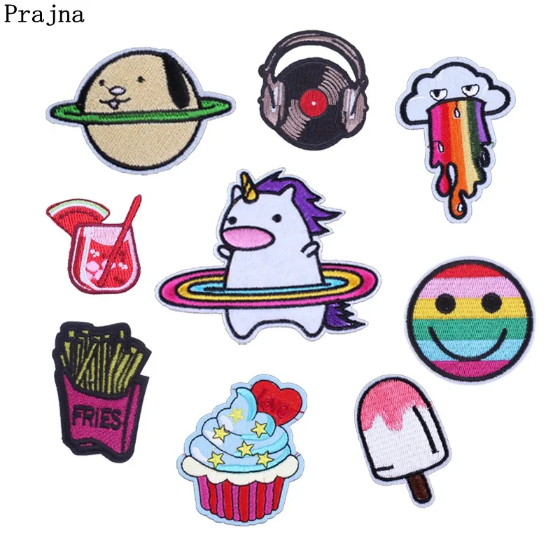 

Prajna Cartoon Patches Unicorn Cake Drink Rainbow Smile Patches For Clothing Embroidery Accessories Cloth Iron On applique Decor