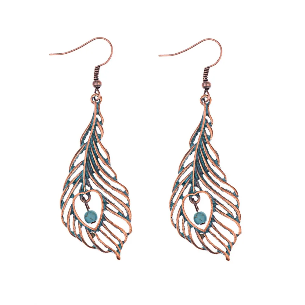 

Bohemia Style Vintage Ethnic Feather Earrings Blue Stone Leaf Shaped Dangle Drop Earrings Antique Gold Red Hollow Boho Gypsy