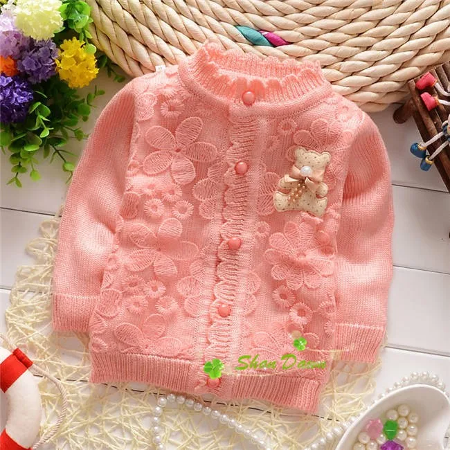 Winter and Autumn Child Girls Sweet gauze flowers bear Sweater