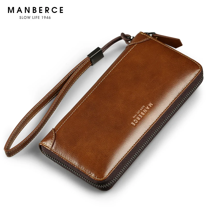 

MANBERCE Men Genuine Leather Handbags Cowhide Wallet Large Capacity Business Clutch Bag High Quality Men's Bag Free Shipping