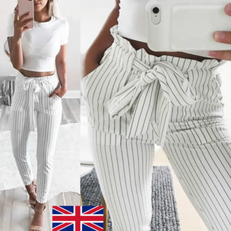 

2018 Women High Waist Elastic Harem Pants Casual OL Lady Lace up Bow Lotus Side Trouser Stripe UK STOCK