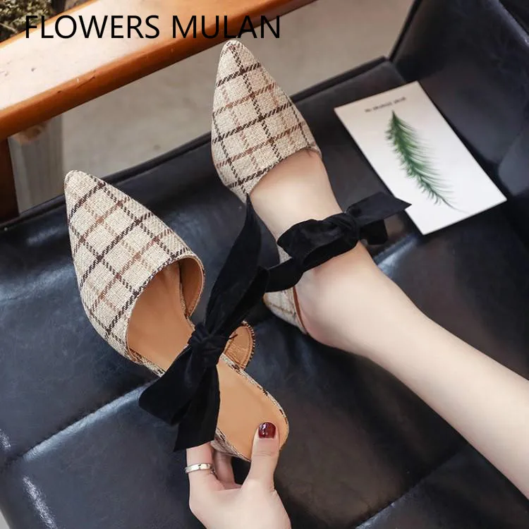 

Plaid Cotton Cloth Women Mules Pointed Toe Slip On Zapatos De Mujer Chunky Heels Loafers Chic Black Butterfly-knot Shoes Woman