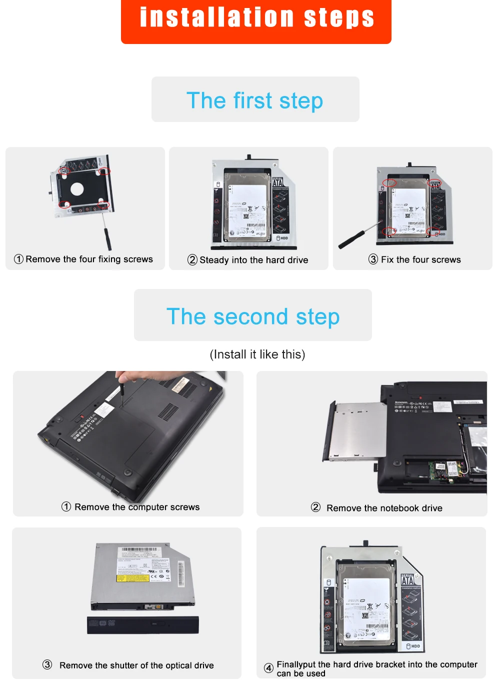 TISHRIC Алюминий 2nd HDD Caddy 9,5 мм SATA 3,0 2,5 "SSD корпус Optibay для lenovo ThinkPad T400s T400 t410 T410s T420s