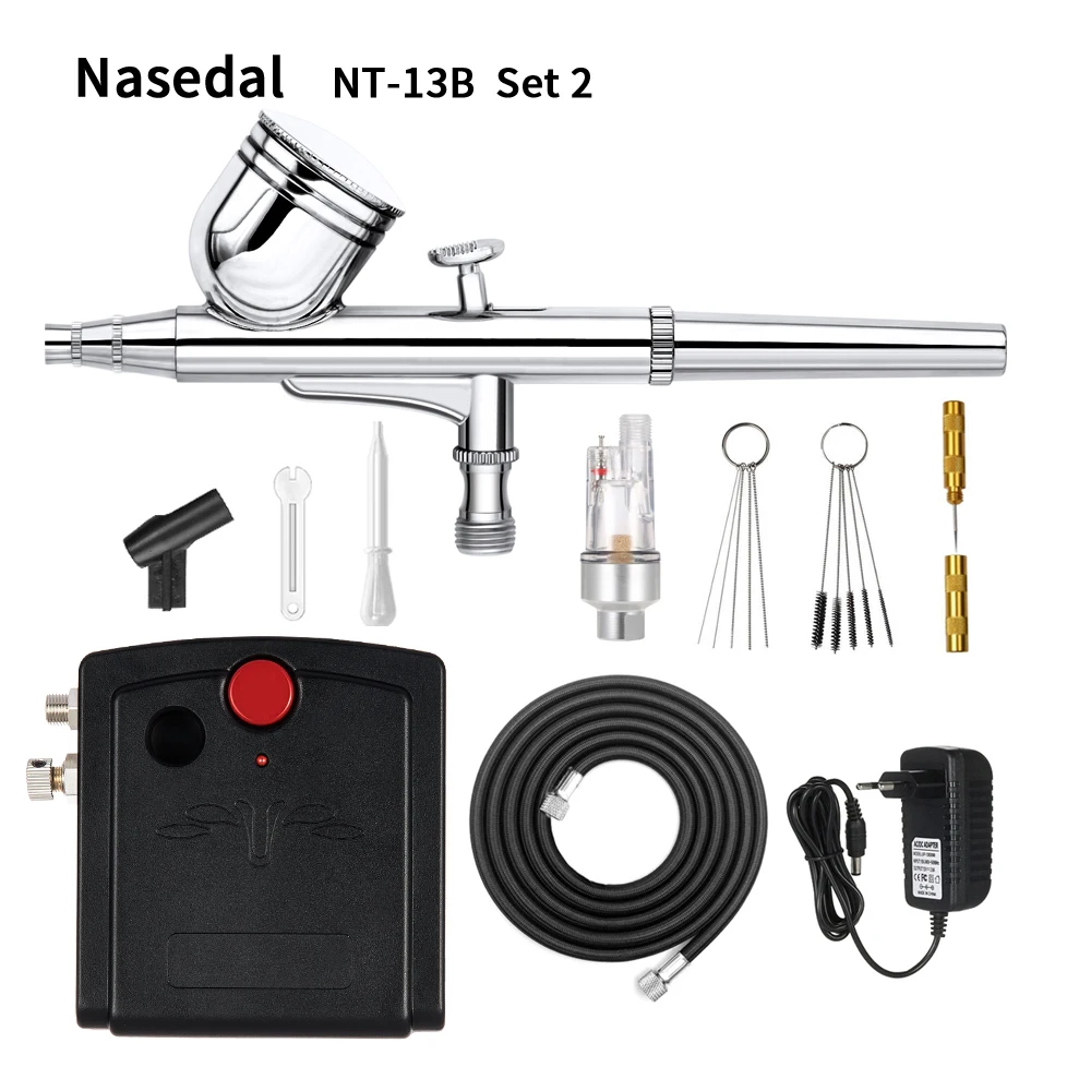 Nasedal, двойное действие, Аэрограф, компрессор, комплект, воздушная кисть, краскопульт, макияж, лак для ногтей, пистолет, тату, тело, инструмент для очистки краски автомобиля - Цвет: NT-13B Set2