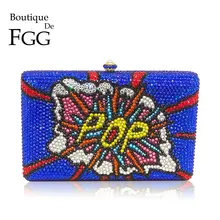 Бутик де фгг модные граффити поп письмо узор женские хрустальные вечерние сумки Королевский синий металл клатчи свадебные сумки кошелек