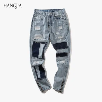 

High Street Distressed Washed Destroyed Jean Europe and America Men's Slim Hole Patch Patchwork Ankle Zipper Denim Pants