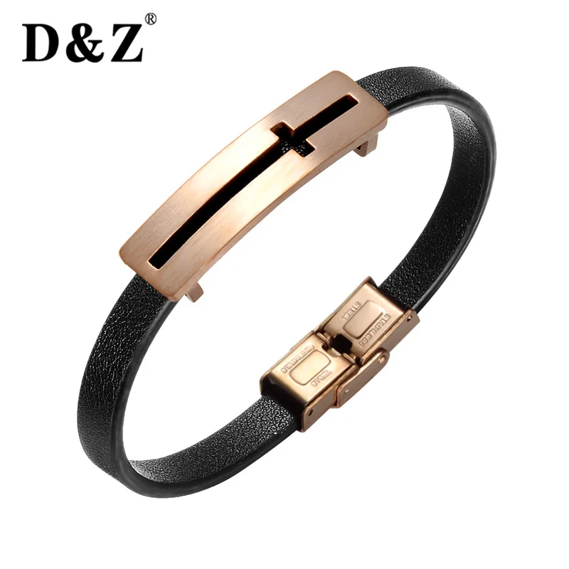 

D&Z 2019 Vintage 4 Colors Stainless Steel Cross Leather Bracelet For Men Christian Jewelry Wristband Accessories