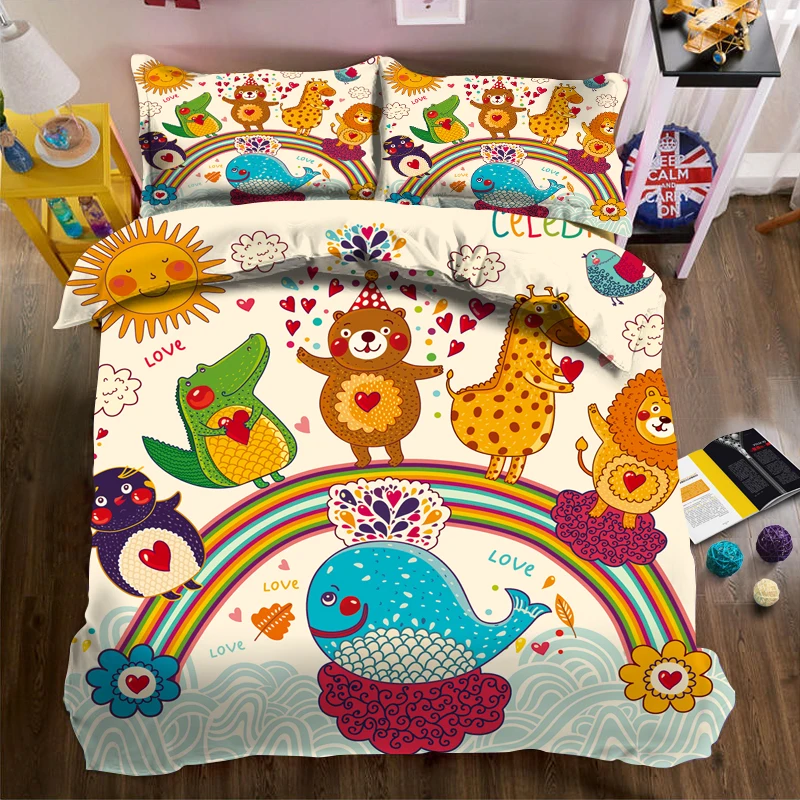 

Cartoon animals on a rainbow pattern 3d effect photo bed linen can be customized photo pattern